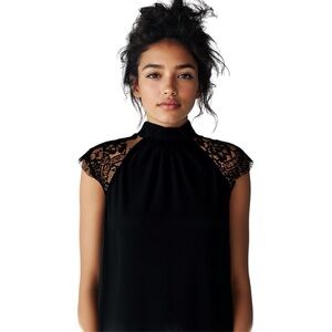 Joie | NWT Black Lace Sleeve High Neck Top, XS